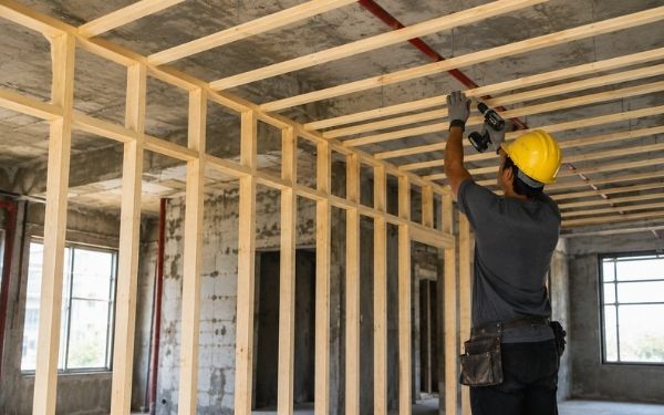 Whitewood timber used for partition wall framing in a UAE construction project