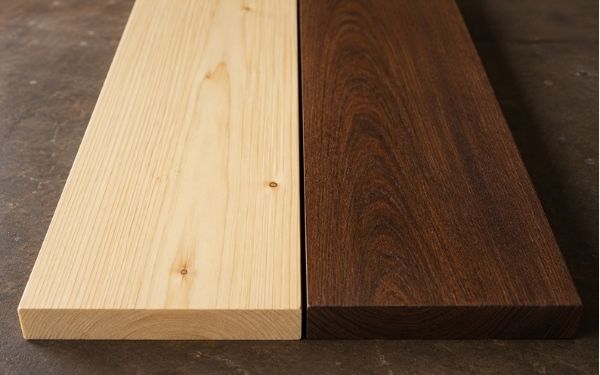 Whitewood timber compared to hardwood showing color and grain difference