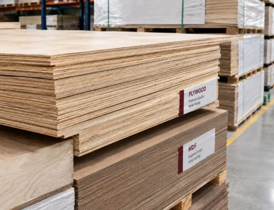 Plywood and MDF Stock – Sanco Building Materials Plywood and MDF sheets stacked at Sanco Building Materials warehouse, Sharjah