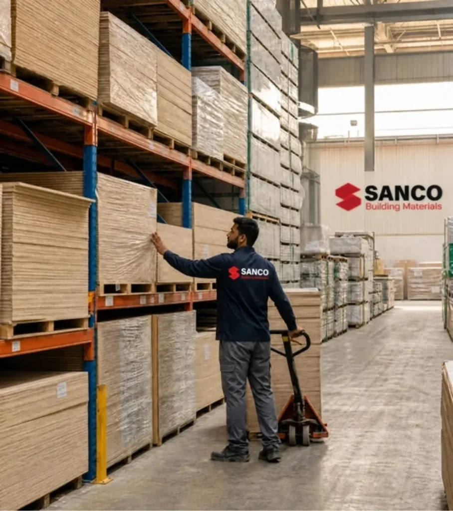 Plywood and MDF Warehouse – Sanco Building Materials Sanco Building Materials staff checking plywood stock in the Sharjah warehouse