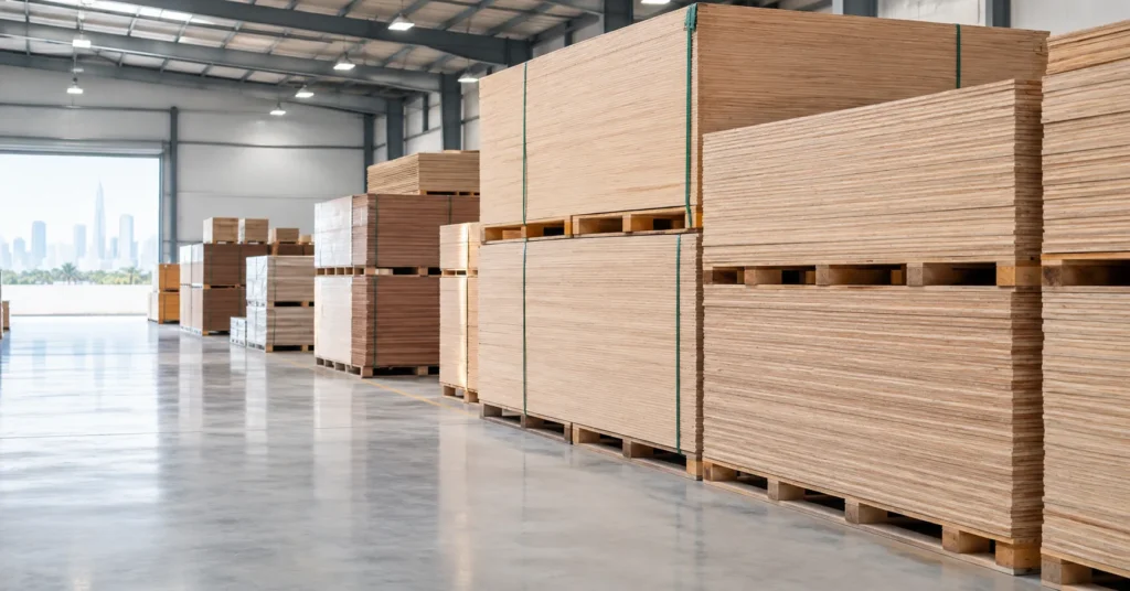 Neatly stacked plywood sheets on wooden pallets in a professional warehouse in the UAE