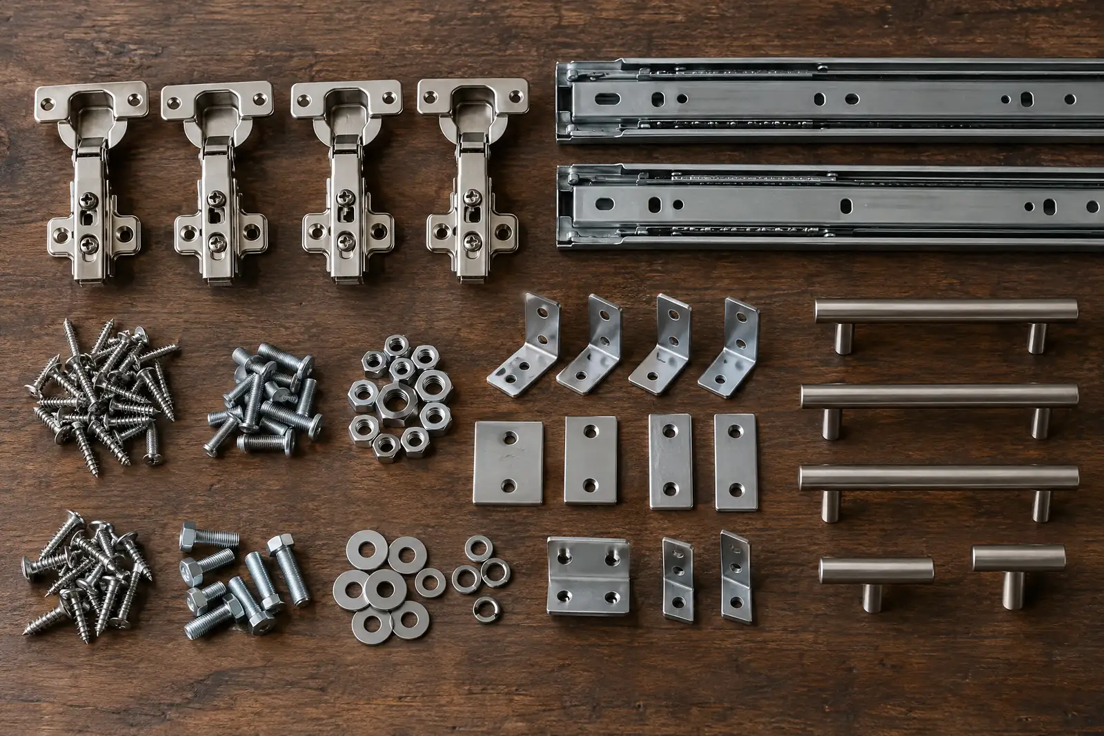 Cabinet hinges, screws, brackets and fixings