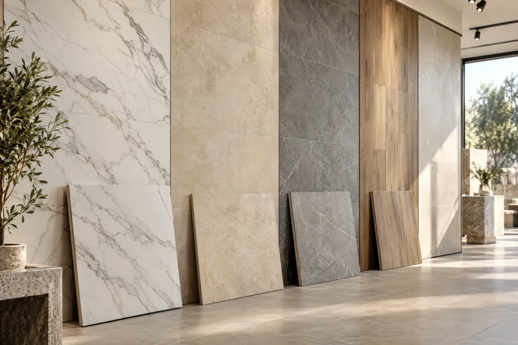 Ceramic and porcelain tile samples in marble, stone and wood finishes
