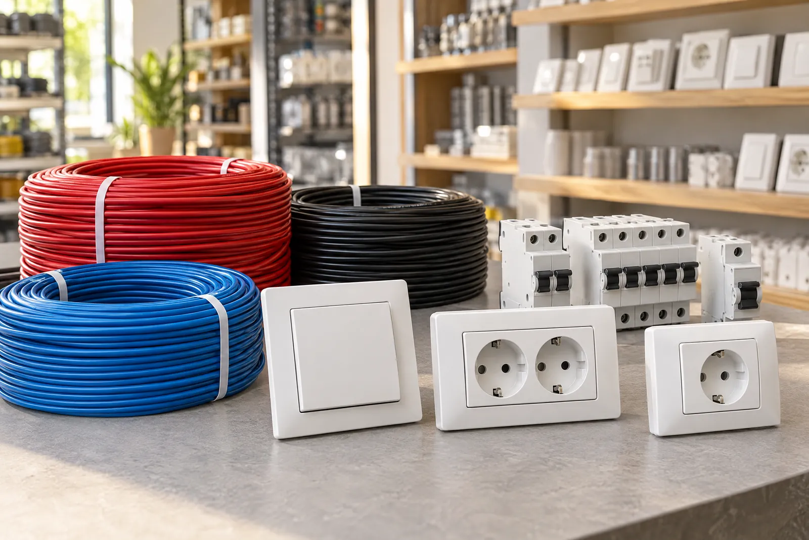 Electrical cables, switches and sockets for residential and commercial projects