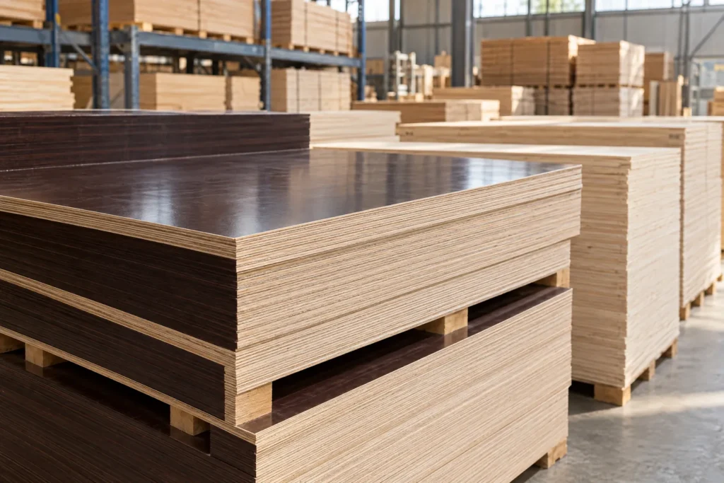Film-faced and commercial plywood sheets stacked in a warehouse