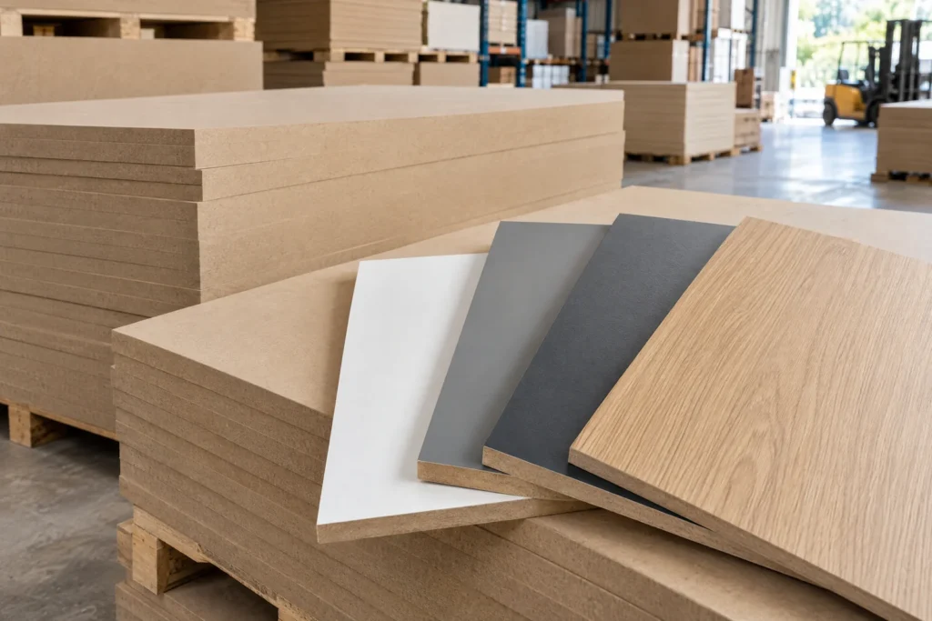 Plain MDF and melamine MDF boards in different finishes