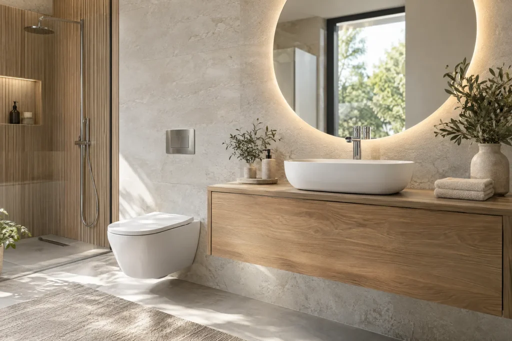 Wash basin, toilet, mixer tap and LED mirror in a bathroom display