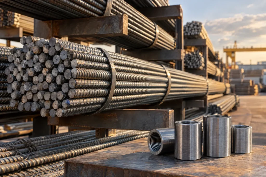 Steel reinforcement bars and rebar couplers in a steel yard